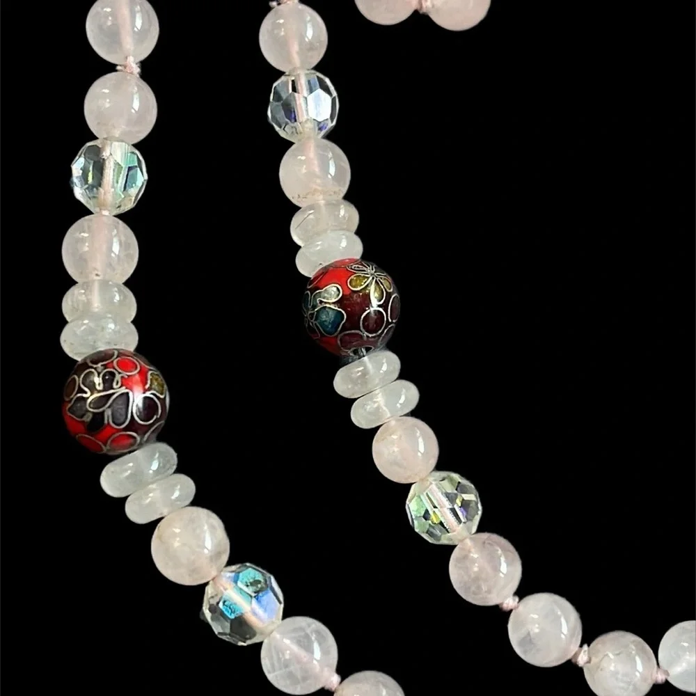 Pink Rose Quartz Beaded Necklace w Cloisonne & Aurora Borealis Accent Be…